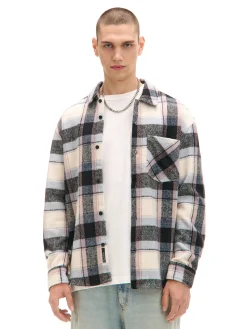 Beżowa kraciasta koszula z domieszką wełny