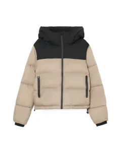 Beżowa kurtka puffer z czarnym karczkiem