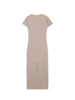 Beżowa sukienka maxi z krótkim rękawem