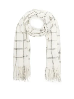 Biały szalik w kratę z frędzlami