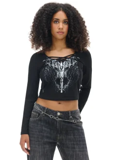 Czarna bluzka z wiązaniem i nadrukiem