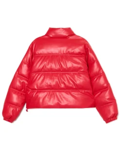 Czerwona kurtka puffer z efektem skóry