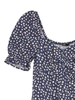 Granatowa sukienka midi w stokrotki