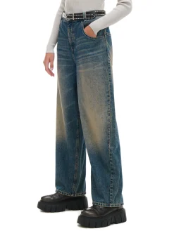 Granatowe jeansy skater z efektem sprania