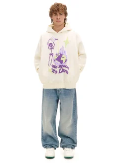 Kremowa bluza z kapturem i nadrukiem