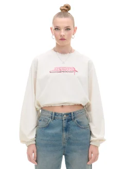 Kremowa bluzka z nadrukiem i regulacją