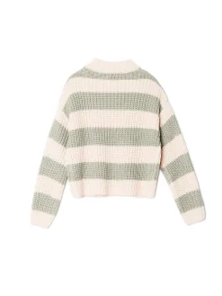 Kremowo-zielony sweter w paski