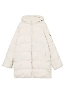 Kremowy pikowany płaszcz z kapturem