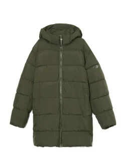 Oliwkowy pikowany płaszcz z kapturem