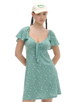 Zielona sukienka mini w stokrotki