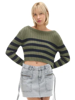 Zielony sweter w czarne paski